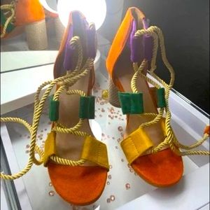 Tricolor 3inch Weaved Block Heel Sandal with Rope Ties Size 10 New